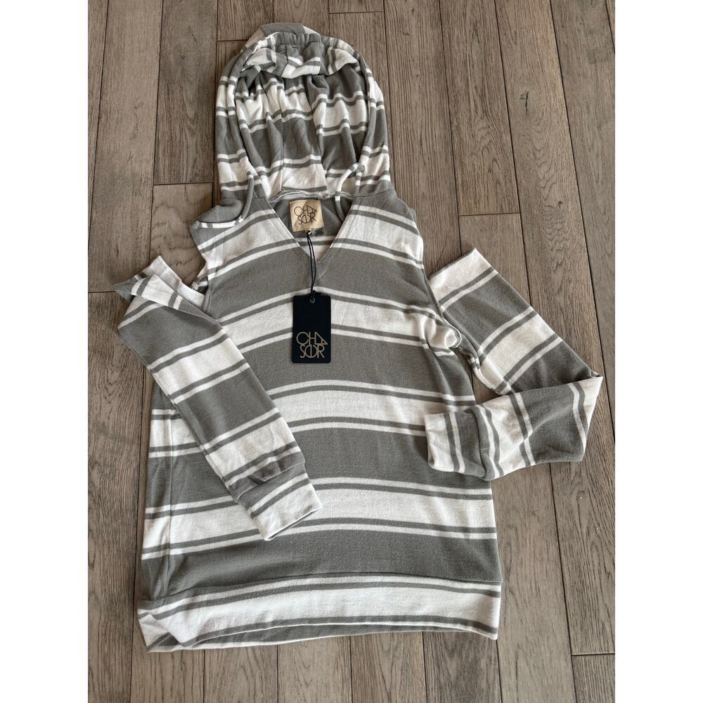 Chaser Cold Shoulder Hoodie Grey and White Stripe Buttery Soft Size M New w/tags